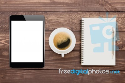 Tablet Coffee And Book Blank On Wood Tablet Stock Photo