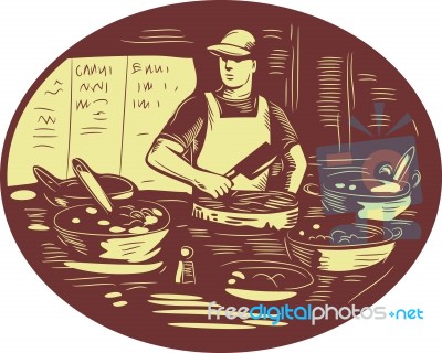 Taco Cook In Food Stall Oval Retro Stock Image