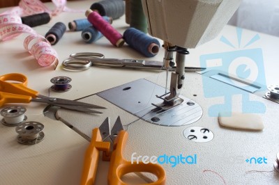 Tailor, Tailoring Table And Utensils Stock Photo