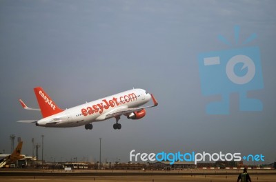 Takeoff Of A Plane Of Low Cost Airline Stock Photo