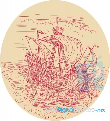 Tall Ship Sailing Stormy Sea Oval Drawing Stock Image