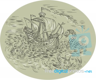 Tall Ship Turbulent Sea Serpents Oval Drawing Stock Image