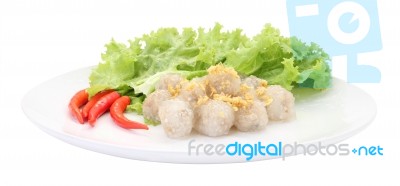 Tapioca Balls With Pork Filling On White Dish Stock Photo