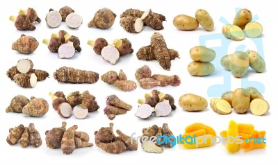 Taro Root And Potato Isolated On White Background Stock Photo