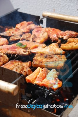 Tasty Meal With Fresh Meat On Grill Stock Photo