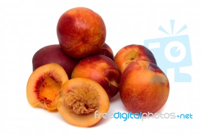 Tasty Nectarines Fruits Isolated On White Background Stock Photo