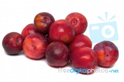 Tasty Red Plum Fruits Isolated On White Background Stock Photo