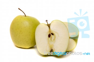 Tasty Yellow Apples Fruits Isolated On White Background Stock Photo