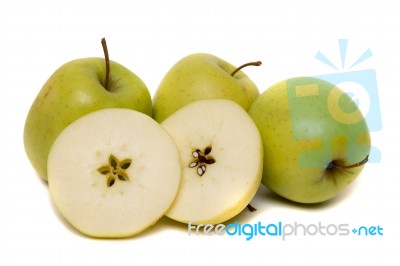 Tasty Yellow Apples Fruits Isolated On White Background Stock Photo