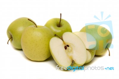 Tasty Yellow Apples Fruits Isolated On White Background Stock Photo