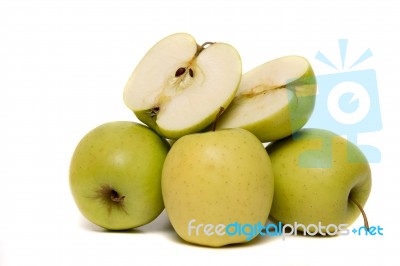 Tasty Yellow Apples Fruits Isolated On White Background Stock Photo