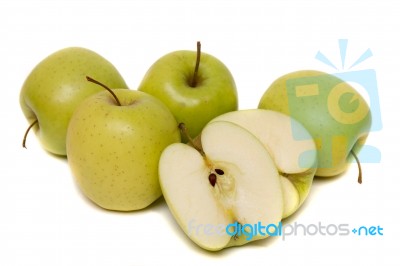 Tasty Yellow Apples Fruits Isolated On White Background Stock Photo