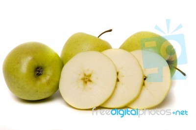 Tasty Yellow Apples Fruits Isolated On White Background Stock Photo