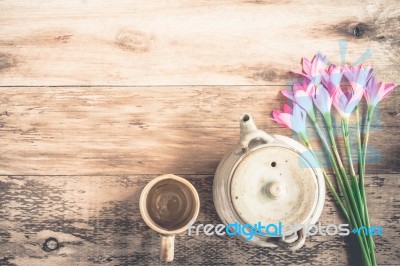 Tea Cups With Teapot On Old Wooden Table. Top View Stock Photo