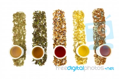 Tea Cups With Various Colorful Teas Stock Photo