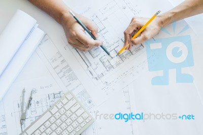 Team Of Architects People In Group On Construciton Site Check Do… Stock Photo