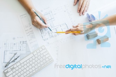 Team Of Architects People In Group On Construciton Site Check Do… Stock Photo