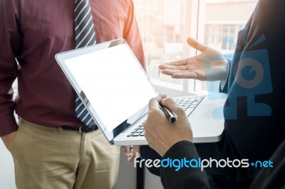 Team Work Process. Young Business Managers Crew Working With New… Stock Photo