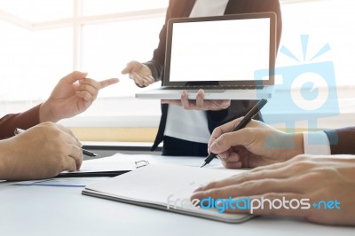 Team Work Process. Young Business Managers Crew Working With New… Stock Photo