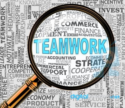 Teamwork Magnifier Represents Cooperation Searching And Magnifying Stock Image