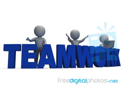 Teamwork Showing 3d Characters Working Together Stock Image