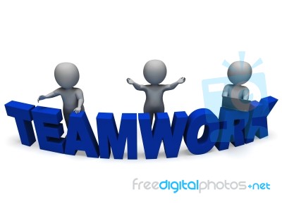 Teamwork Shows 3d Characters Working Together Stock Image