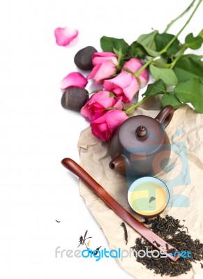 Teapot, Bowl And Hibiscus Tea Stock Photo