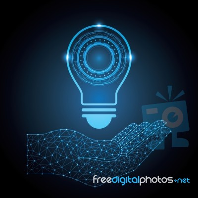 Technology Abstract Hand Hold Circle Lightbulb Background  Stock Image