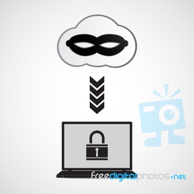 Technology Digital Cyber Security Laptop Lock Hacker Mask Cloud Stock Image