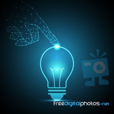 Technology Future Polygon Hand Touch Light Bulb Stock Image