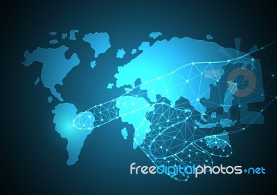 Technology Future Polygon Hand Touch Point World Map Stock Image