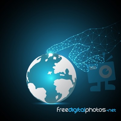 Technology Polygon Geometric Hand Point World Globe Stock Image