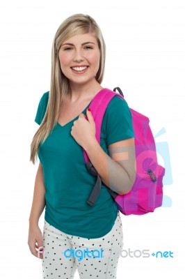 Teen Posing With Pink Backpack Stock Photo