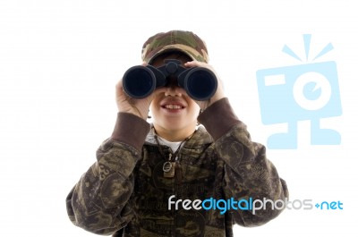 Teenage Boy Holding Binoculars Stock Photo