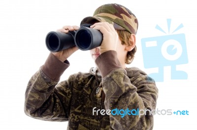 Teenage Boy Holding Binoculars Stock Photo