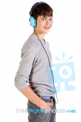 Teenage Boy With Headphone Stock Photo