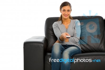 Teenage Girl Holding Tv Remote Stock Photo