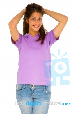 Teenage Girl With Hands On Head Stock Photo