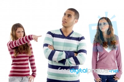 Teens Girl Pointing Towers Boy And Guy Looking Sideways Stock Photo