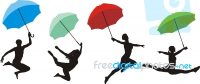 Teens Jumping With Umbrellas Stock Image