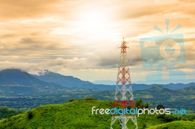 Telecommunication Tower During Sunset Mountain Background In Rai… Stock Photo