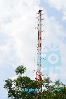 Telecommunications Towers, Located In A Forest Area On The Mountain Stock Photo