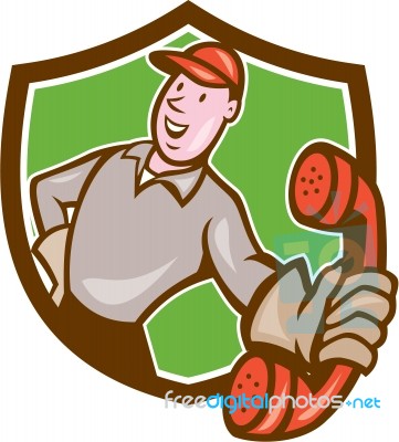 Telephone Repairman Phone Shield Cartoon Stock Image