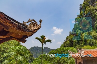 Temple Roofs In Vietnam With The Jungle In The Background Stock Photo