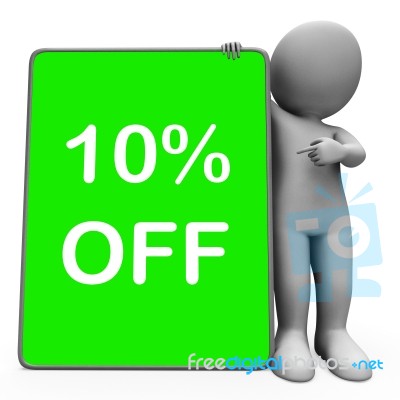 Ten Percent Off Tablet Means 10% Reduction Or Sale Online Stock Image