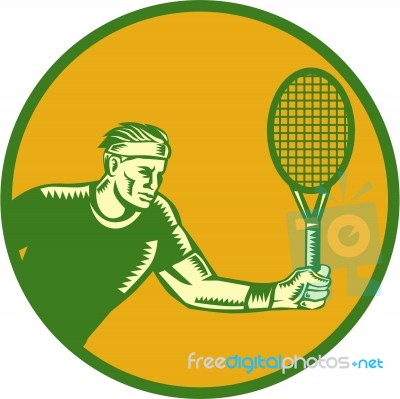 Tennis Player Forehand Circle Woodcut Stock Image