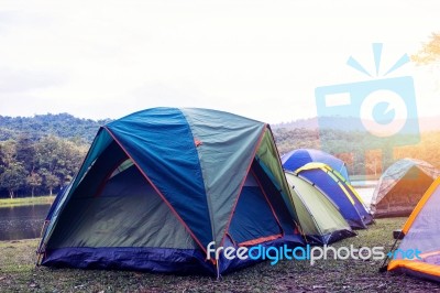 Tent Camp At River Stock Photo