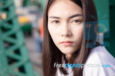 Thai Adult Girl White T-shirt Beautiful Girl Relax And Smile Stock Photo