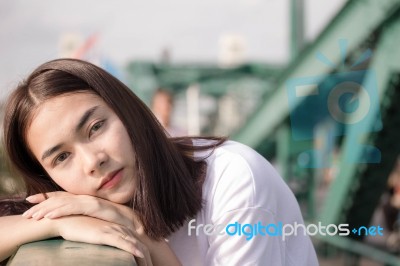 Thai Adult Girl White T-shirt Beautiful Girl Relax And Smile Stock Photo