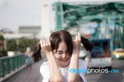 Thai Adult Girl White T-shirt Beautiful Girl Relax And Smile Stock Photo